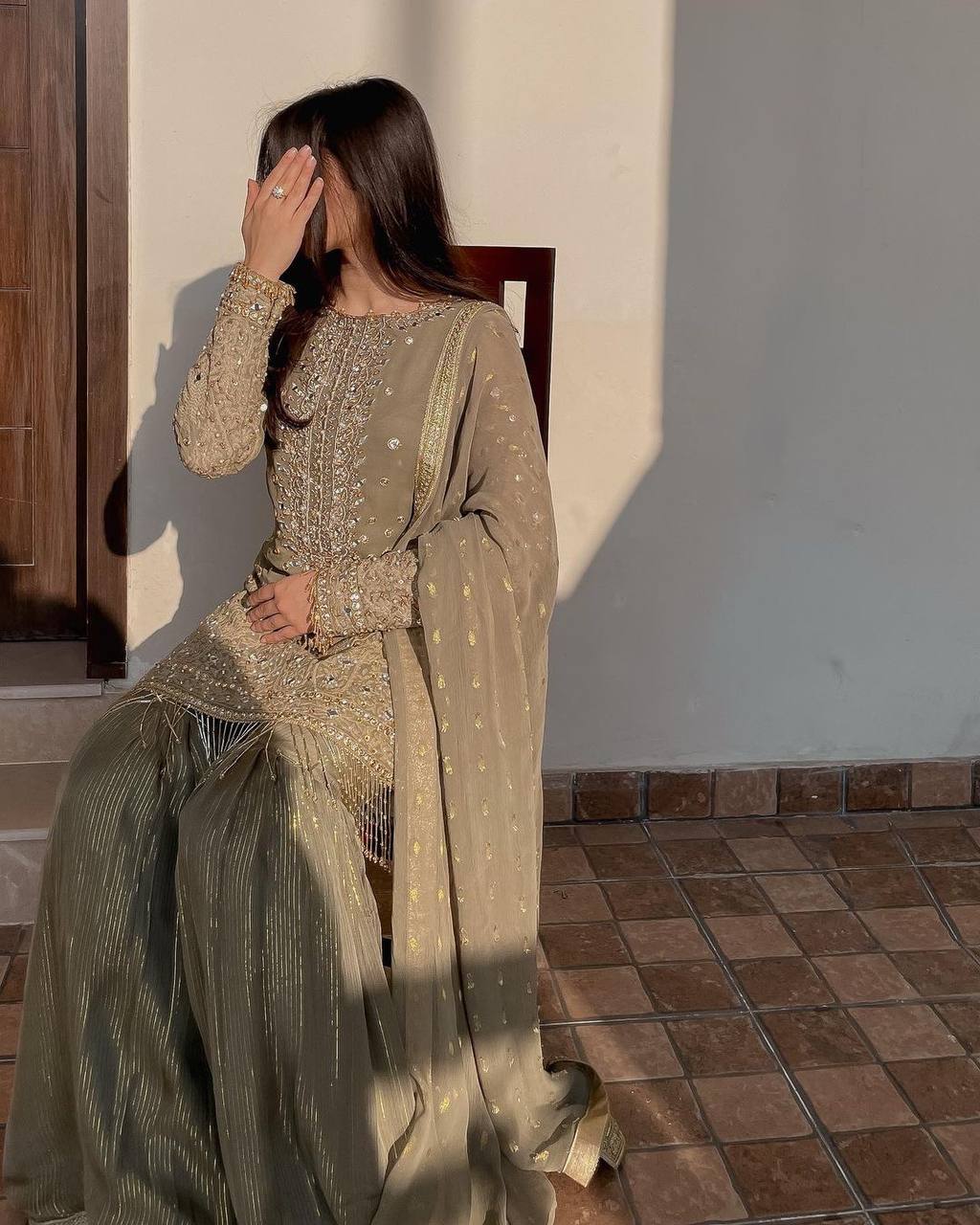 SUIT WITH FULL FLAIR WORK GHARARA